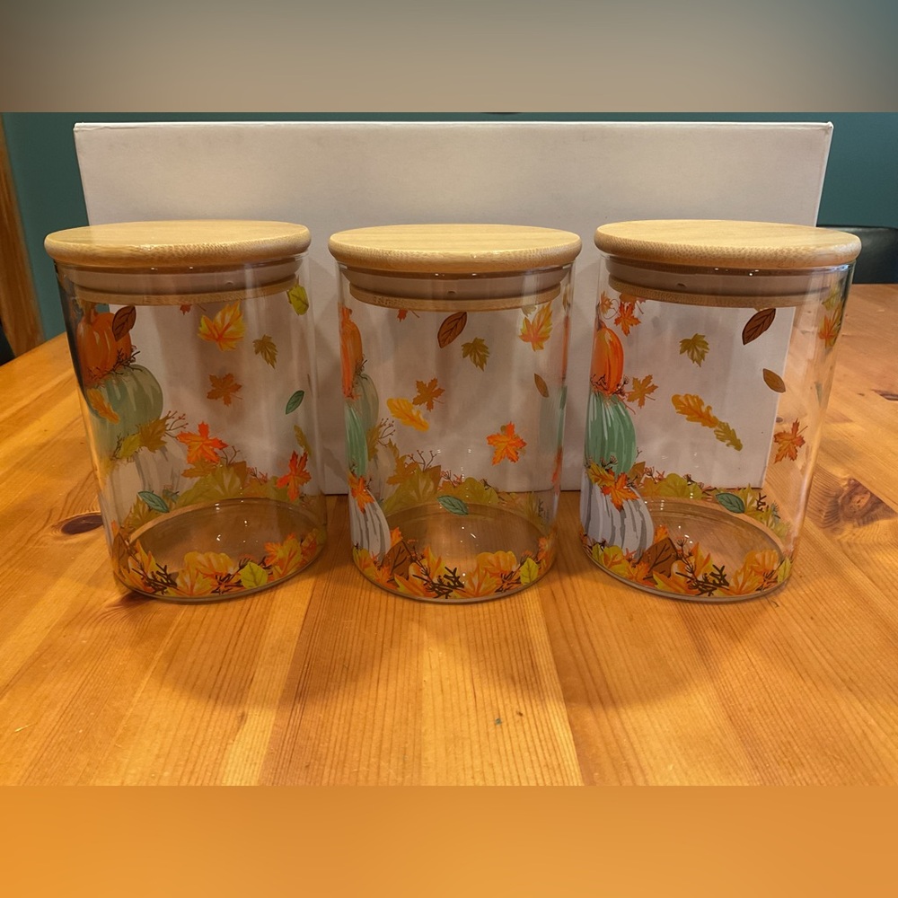 PUMPKIN CANISTERS WITH LIDS GLASS NEW FALL DECOR STORAGE 3 TEAL WHITE ORANGE - Picture 3 of 11